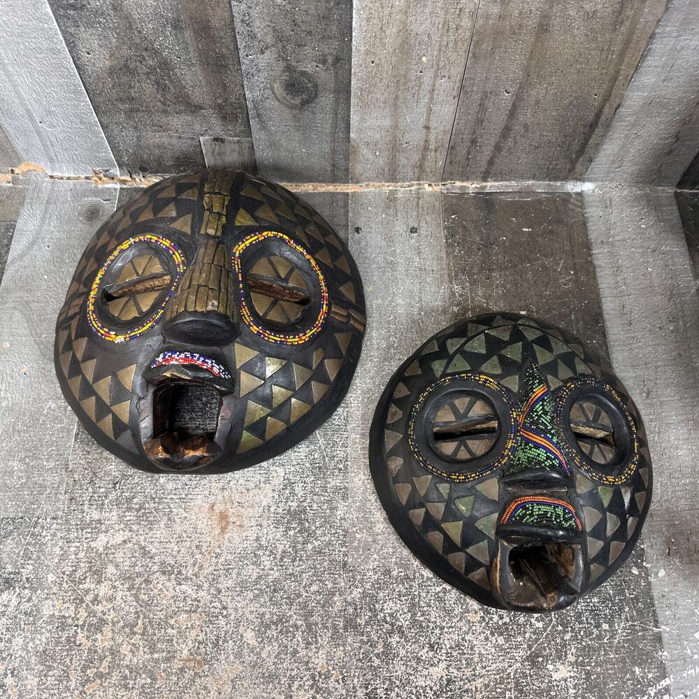 Vintage African Art Handcrafted Wood Face Cameroon Tikar Lot of 2